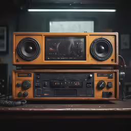 an old wooden radio sits atop another electronic device