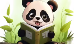 a panda reading a book next to plants