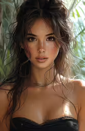 a young model with wet brown hair standing in front of trees,the beautiful girl with frizzy hair looks over her shoulder