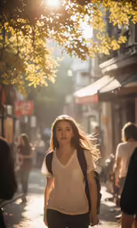a woman walking on the street at sunset