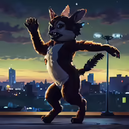 an animal - like costume is posed on the street, next to a city backdrop