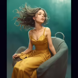 a young woman with a flowing hair in a yellow dress