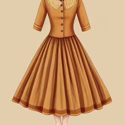 a vintage illustration of a woman wearing a dress with buttons and a blouse,a paper doll with a dress, shoes and a hat,the dress is designed in an elegant manner,a fashion illustration of a short sleeved dress with a large bow on the collar,this dress was designed to match the character from tv series