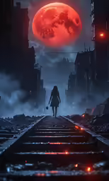 the red moon is reflected in an image of a city street