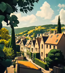 houses on a hill near trees with the blue sky