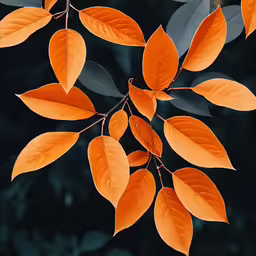 an orange leaf is seen against the dark background