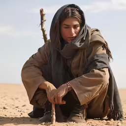 a man wearing a robe is kneeling on the sand