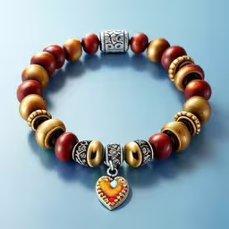 a close up of a bracelet on a blue surface,a bracelet with an image of a heart