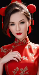 a woman wearing a red and gold dress with white flowers on the sides