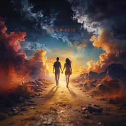 a man and woman walk down a dirt road with a sky of clouds and stars above them