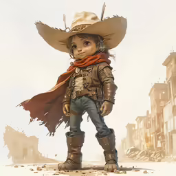 a scarecrow dressed in an old west outfit is standing in a town