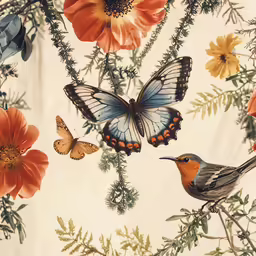 a group of butterflies fly on flowery stems