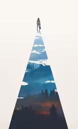 a man standing on top of a tall pyramid in the sky