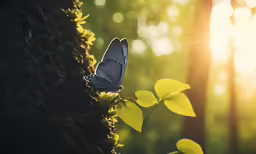 a blue butterfly sits on the green plant near a tree