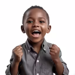 a young boy wearing a gray shirt and grey pants