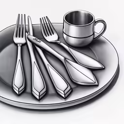 a plate has utensils, spoons, and cup on it
