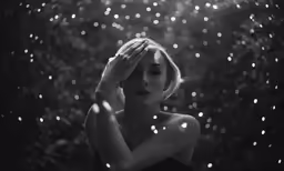 the woman is looking at her hair in the dark