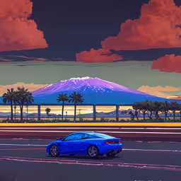 the sports car sits next to the highway by the mountain,a sports car parked in front of a tall mountain
