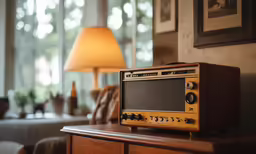 an old radio on a table in a living room