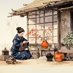 an illustration of a woman sitting in front of a building