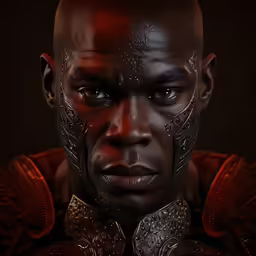 a character dressed in red with some black on his face