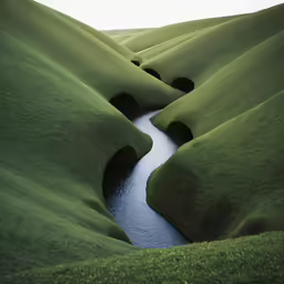 a stream runs through an empty valley of green grass