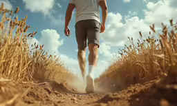 a man walking on dirt road in a cornfield
