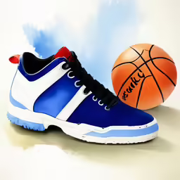 a pair of shoes and a basketball sit on the floor