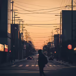 a person walking across a street at sunset