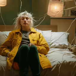 a woman sitting on a bed with lights in the background