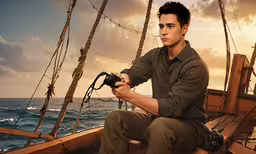 the man sitting on the deck of a ship holds a camera,a man sitting on a ship while holding a camera