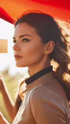 a woman wearing an brown jacket and looking off to the side