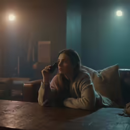 woman laying on a sofa talking on the telephone