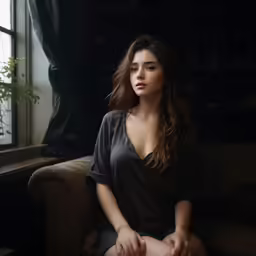 a woman sitting on the couch near a window