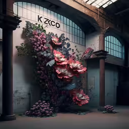 flowers growing up the wall of an abandoned train station,an arrangement of flowers decorates the wall of the building