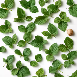 several green leaves, leaves and a nut shell