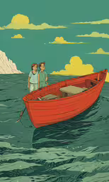two people on a red boat sailing across a lake,two men are riding in a red boat
