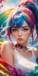a drawing of a girl with colorful hair and a bun