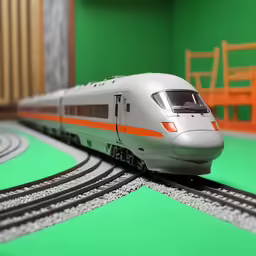 a silver and orange train coming down the tracks