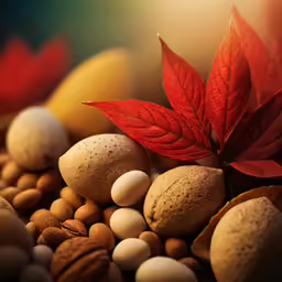 a green leaf is surrounded by nuts and other things