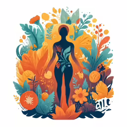 a woman stands surrounded by flowers and leaves