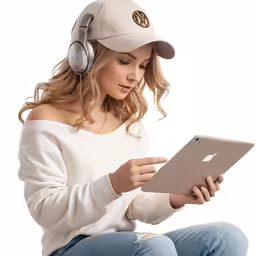 young woman in a cap is listening to music on her laptop