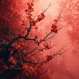 a large tree with red flowers sitting under the leaves