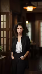 a woman wearing black pants and white shirt in a room