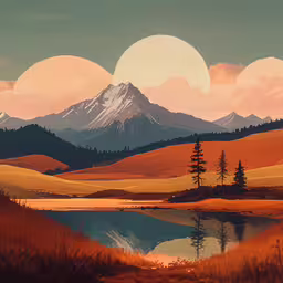 a painting shows the setting sun over a field with an open water hole,two paintings of mountains are shown in this painting