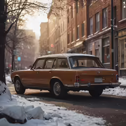 an old car is parked in the snow on a street
