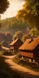 village in the middle of forest at sunset,a country scene with wooden cabins on the hillside