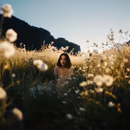 a woman sitting in a field with long grass and daisies
