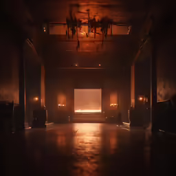 a dimly lit area with some very big candles on the walls