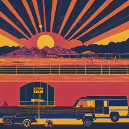 a graphic art depicting two jeeps parked in a desert,the sun rises over a farm with a black jeep